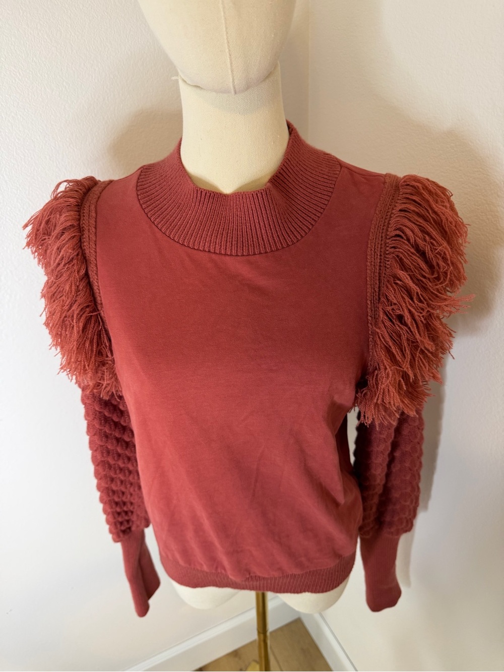 Anthropologie DOLAN Rust Fringed Sweater Bubble Quilted Size Small - Picture 6 of 8